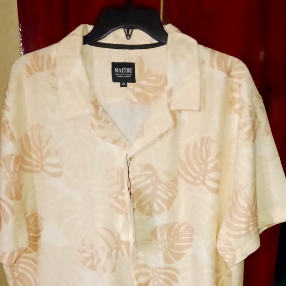 Malibu Beach Club Beach Shirt Cream and Tan Hawaiian Shirt Mens 3xl